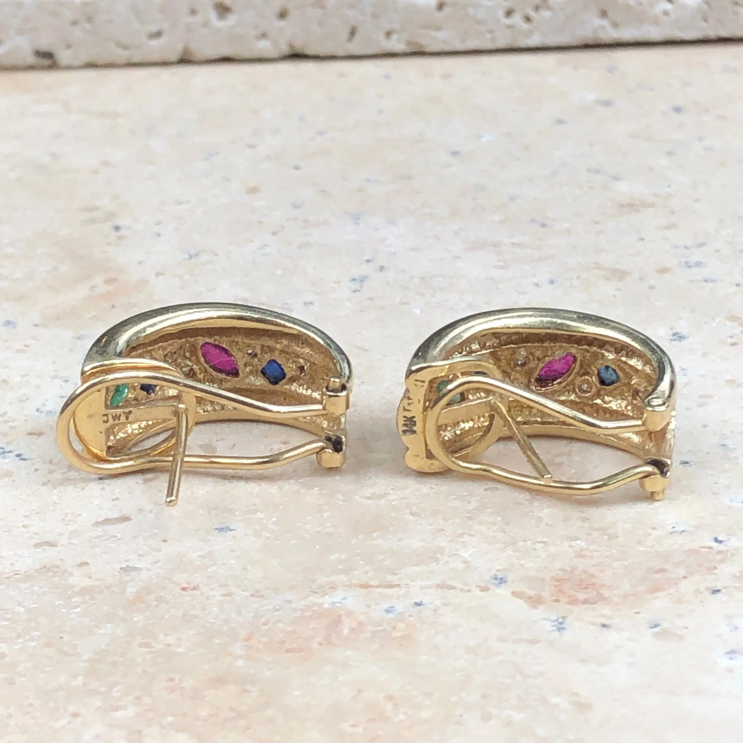 Estate 14KT Yellow Gold Sapphire, Ruby   Emerald Diamond Half-Hoop Earrings