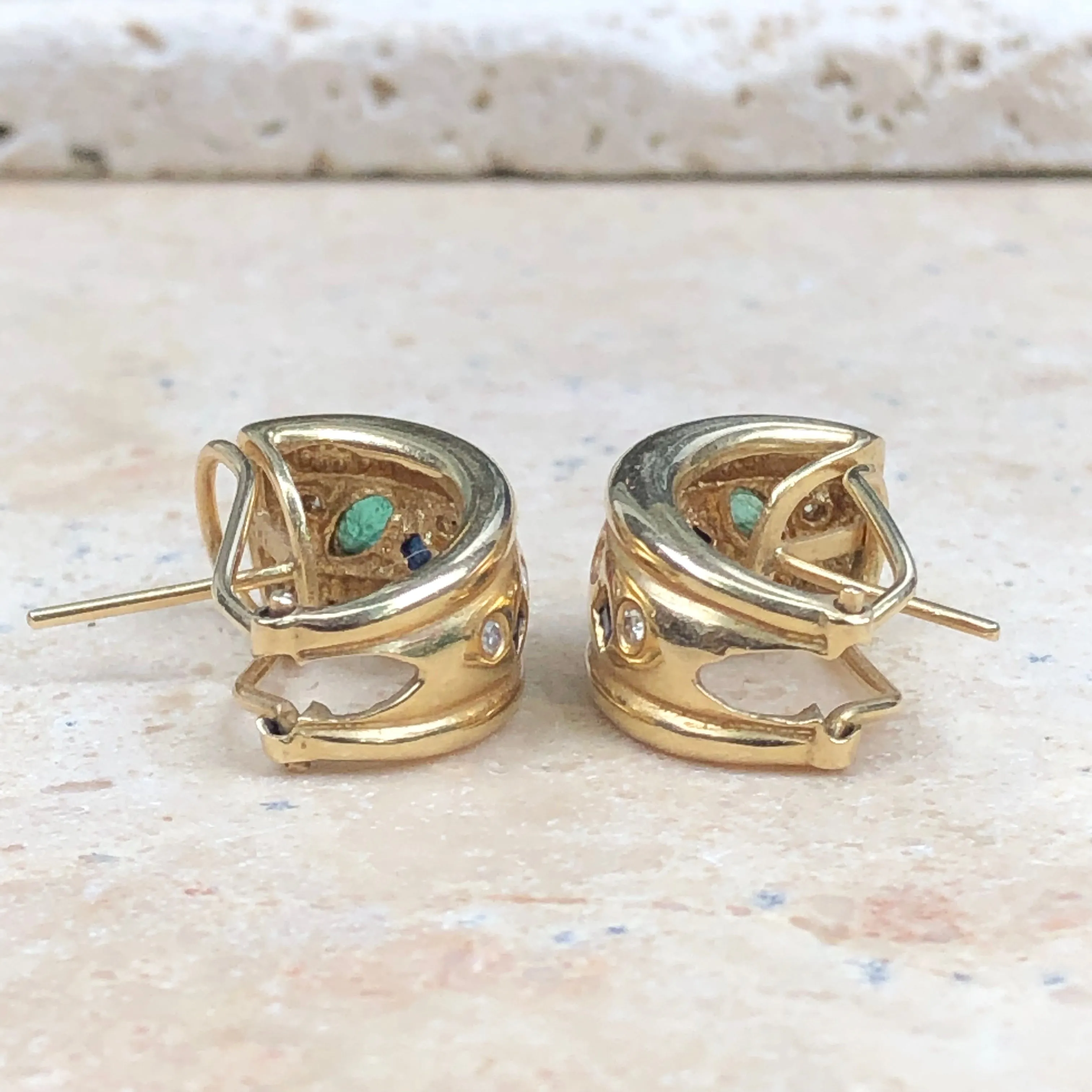 Estate 14KT Yellow Gold Sapphire, Ruby   Emerald Diamond Half-Hoop Earrings