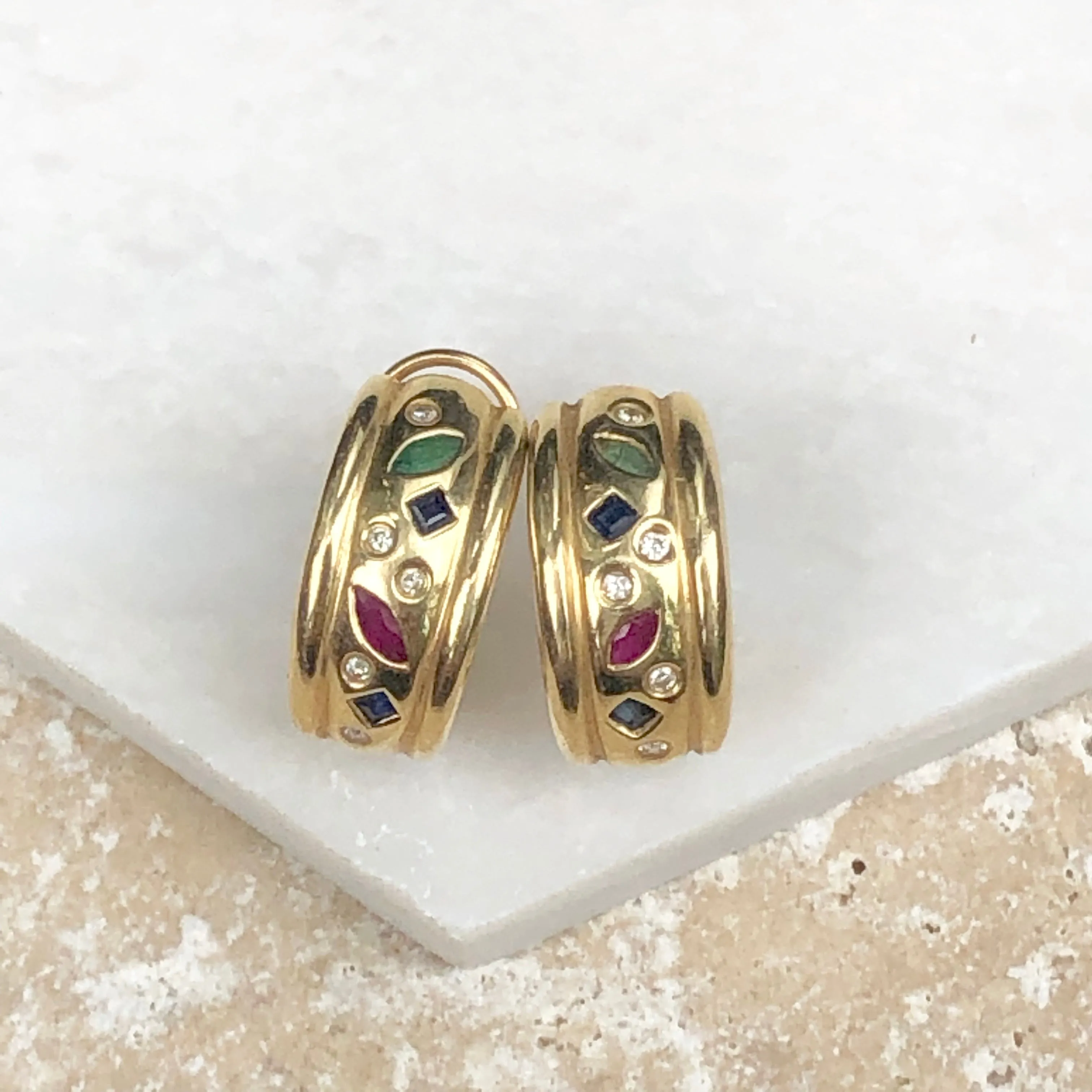 Estate 14KT Yellow Gold Sapphire, Ruby   Emerald Diamond Half-Hoop Earrings