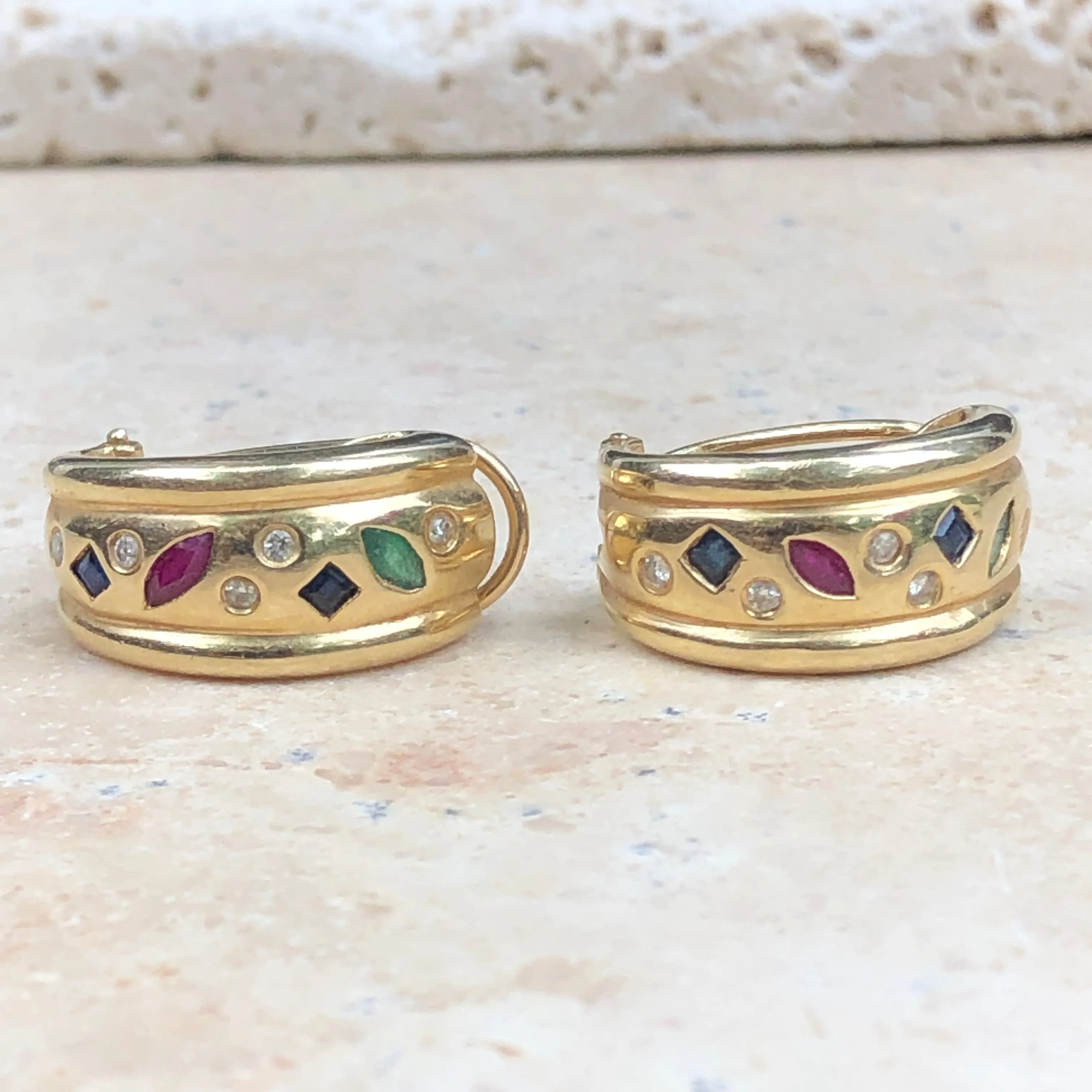Estate 14KT Yellow Gold Sapphire, Ruby   Emerald Diamond Half-Hoop Earrings