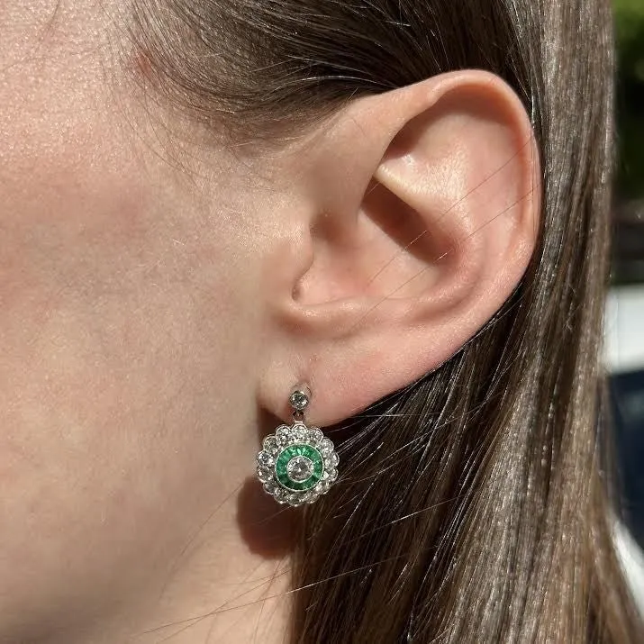 Estate Platinum 1.60 CTW Diamond and Emerald Dangle Earrings