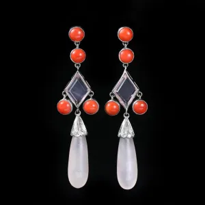 Estate Platinum, Diamond, Coral, and Rose Quartz Dangle Earrings