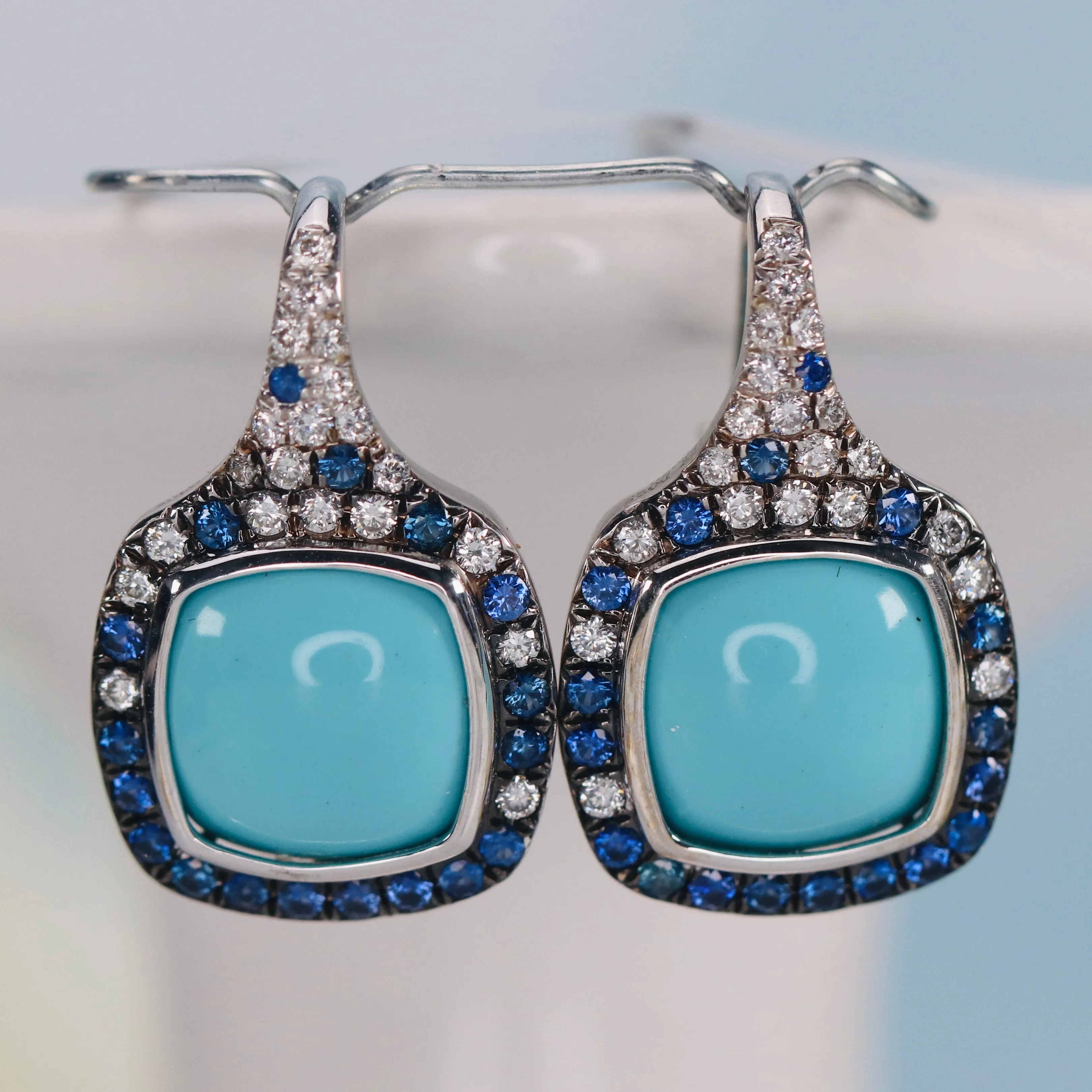 Estate Turquoise, Sapphire and diamond earrings in 18k white gold