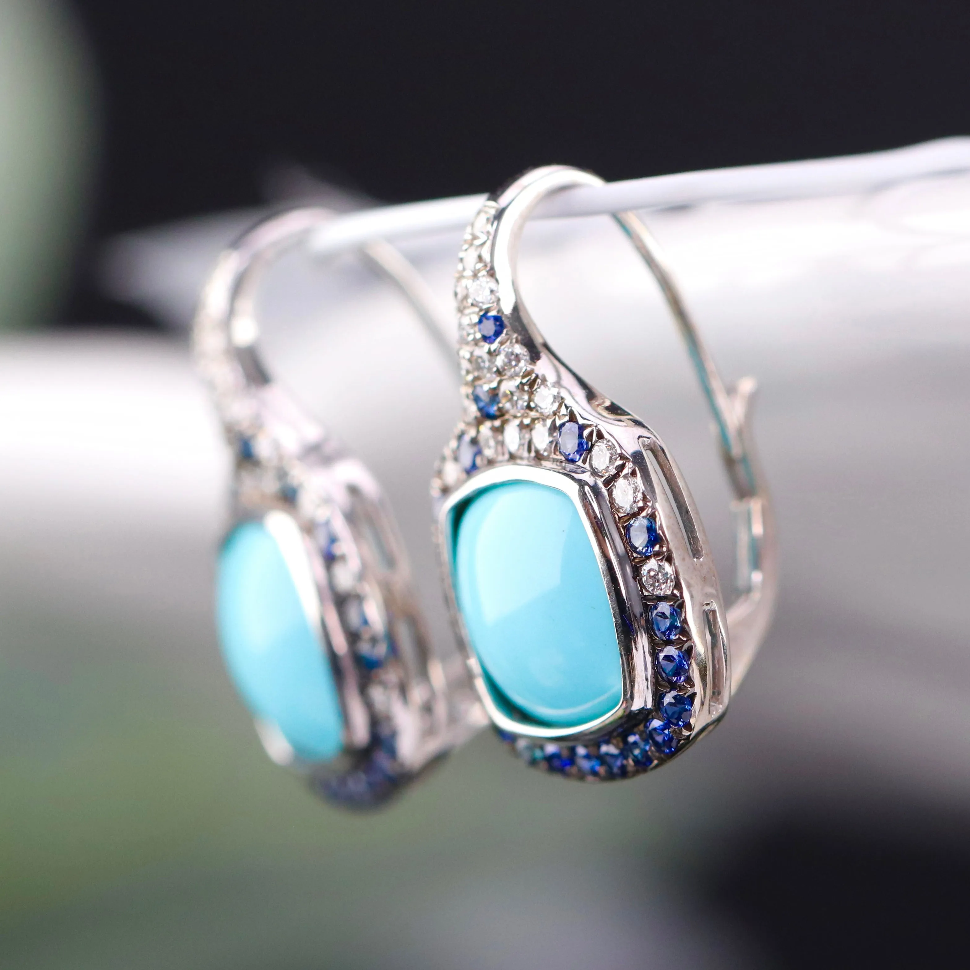 Estate Turquoise, Sapphire and diamond earrings in 18k white gold