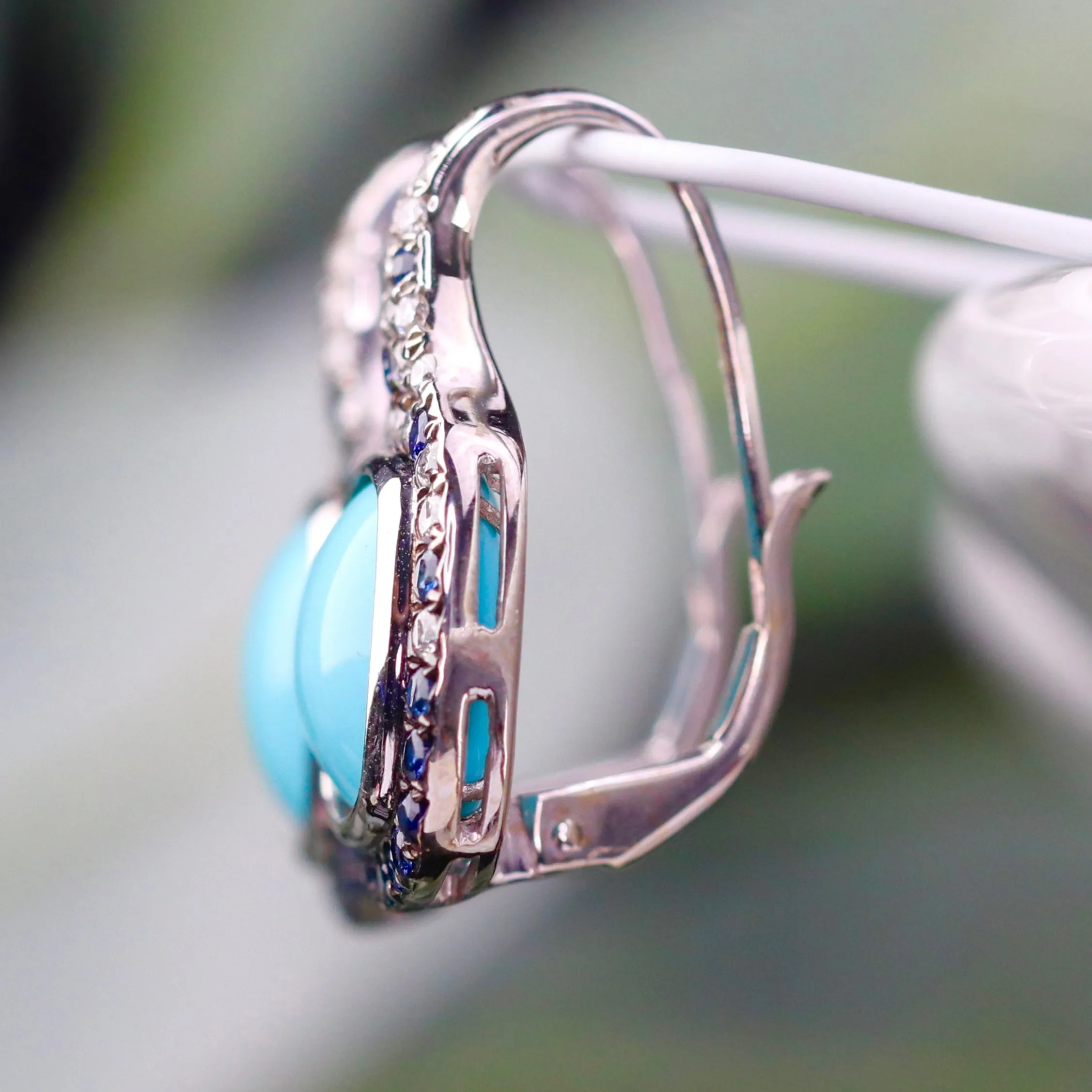 Estate Turquoise, Sapphire and diamond earrings in 18k white gold