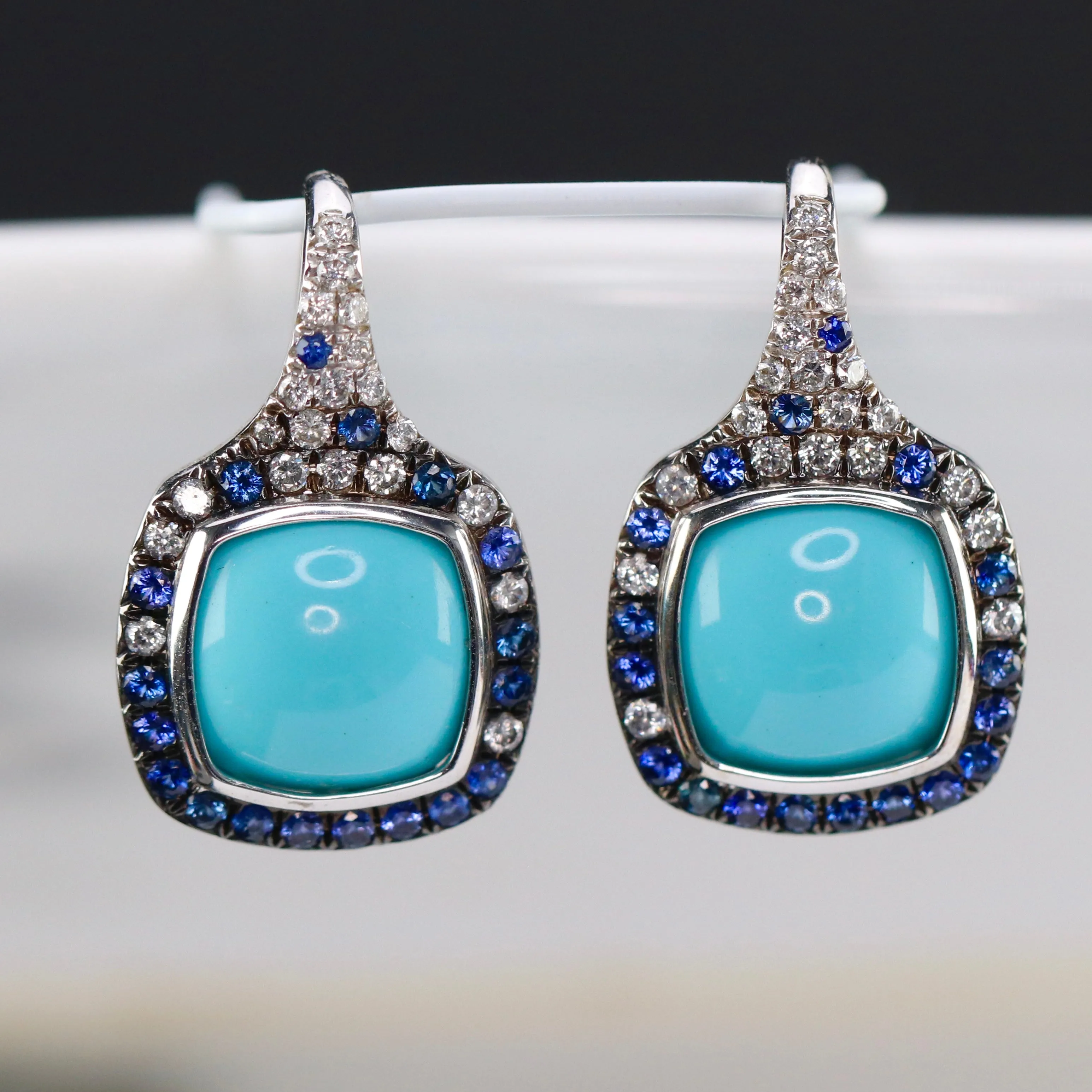 Estate Turquoise, Sapphire and diamond earrings in 18k white gold