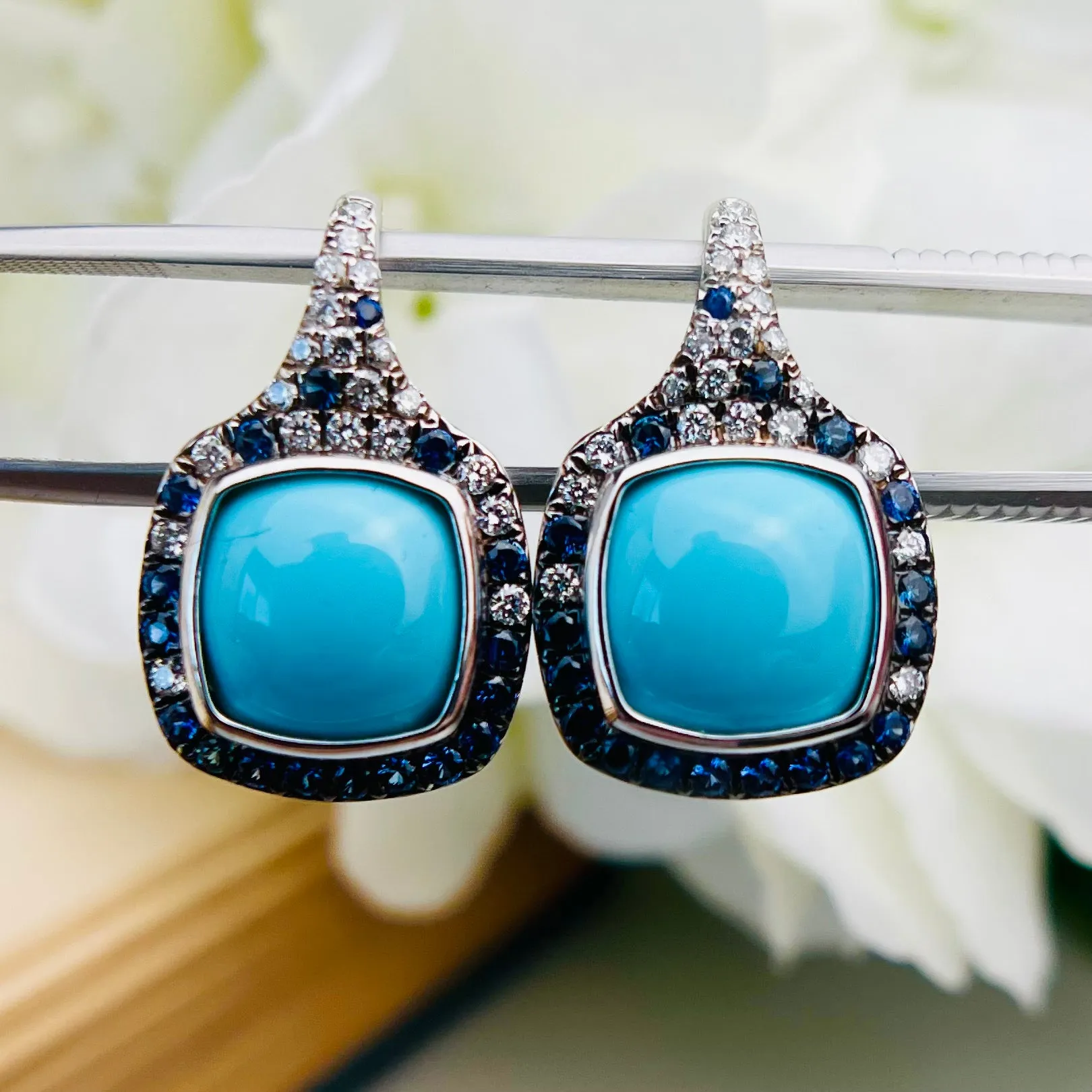 Estate Turquoise, Sapphire and diamond earrings in 18k white gold