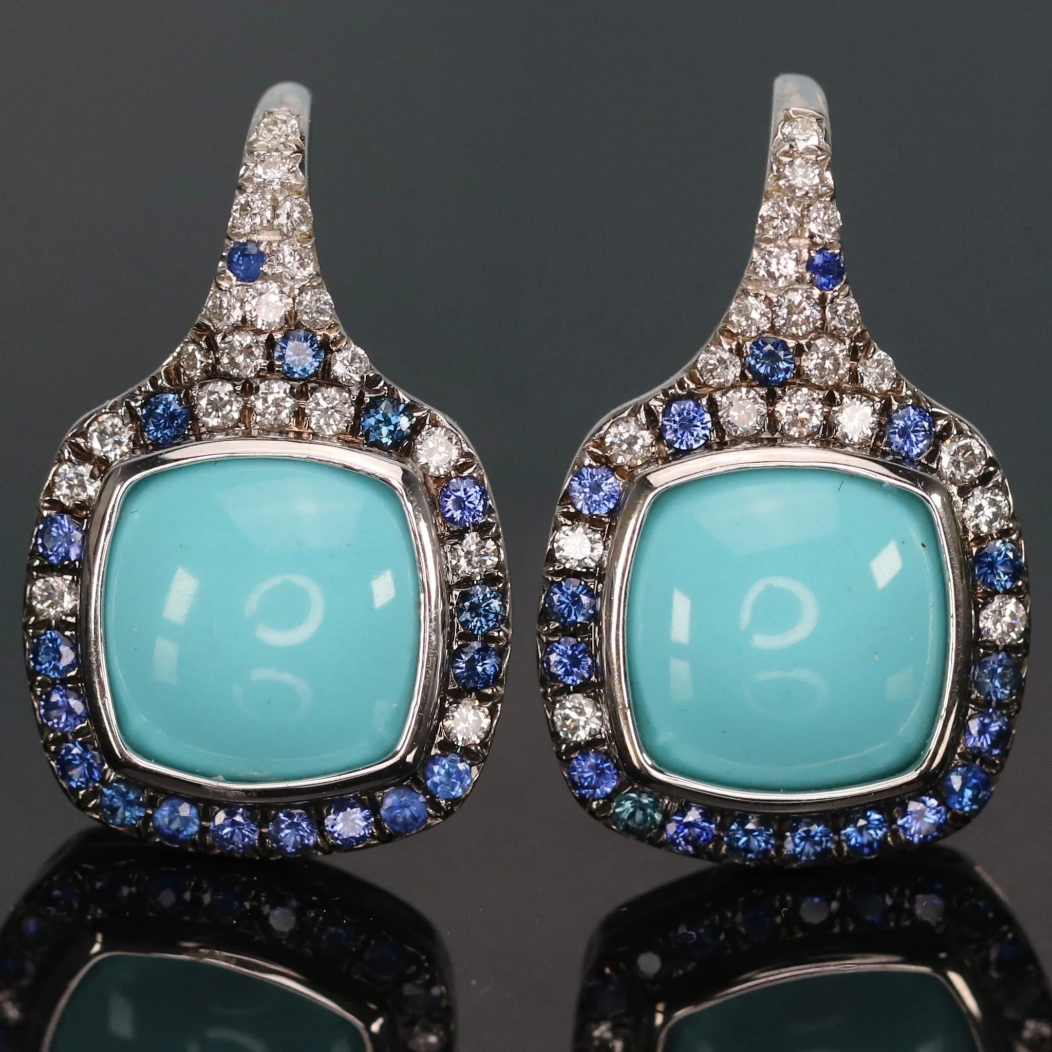 Estate Turquoise, Sapphire and diamond earrings in 18k white gold