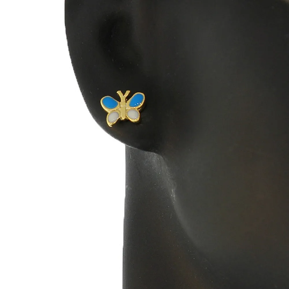 Fashion Alloy Yellow Gold-Tone White Blue Butterfly Stud Earrings