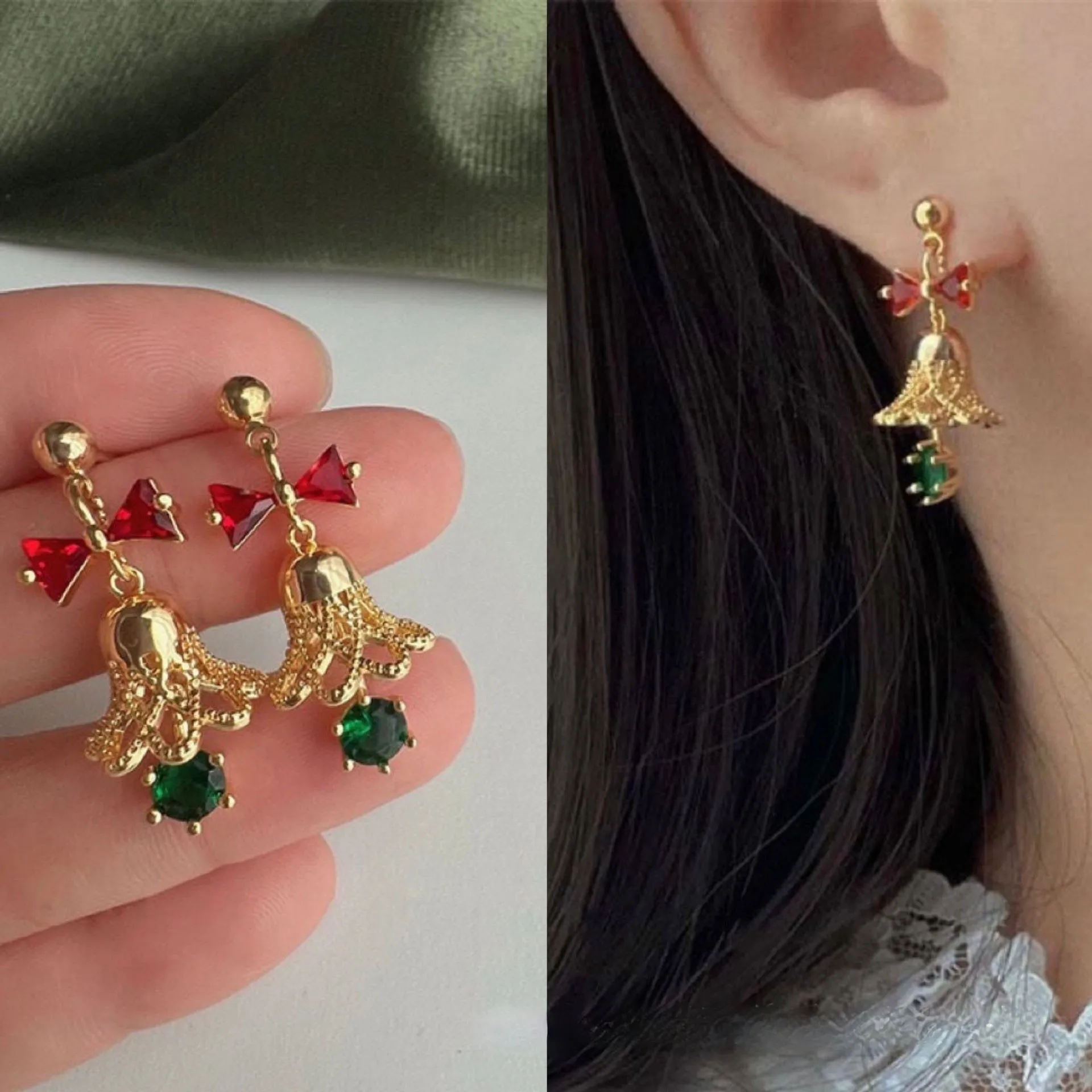 Festive Bell Red Bow Earrings