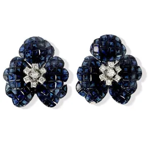Floral Style Sapphire And Diamond Earrings, 18k White Gold