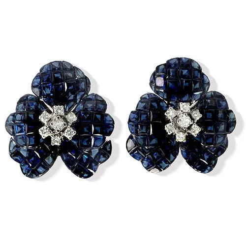 Floral Style Sapphire And Diamond Earrings, 18k White Gold