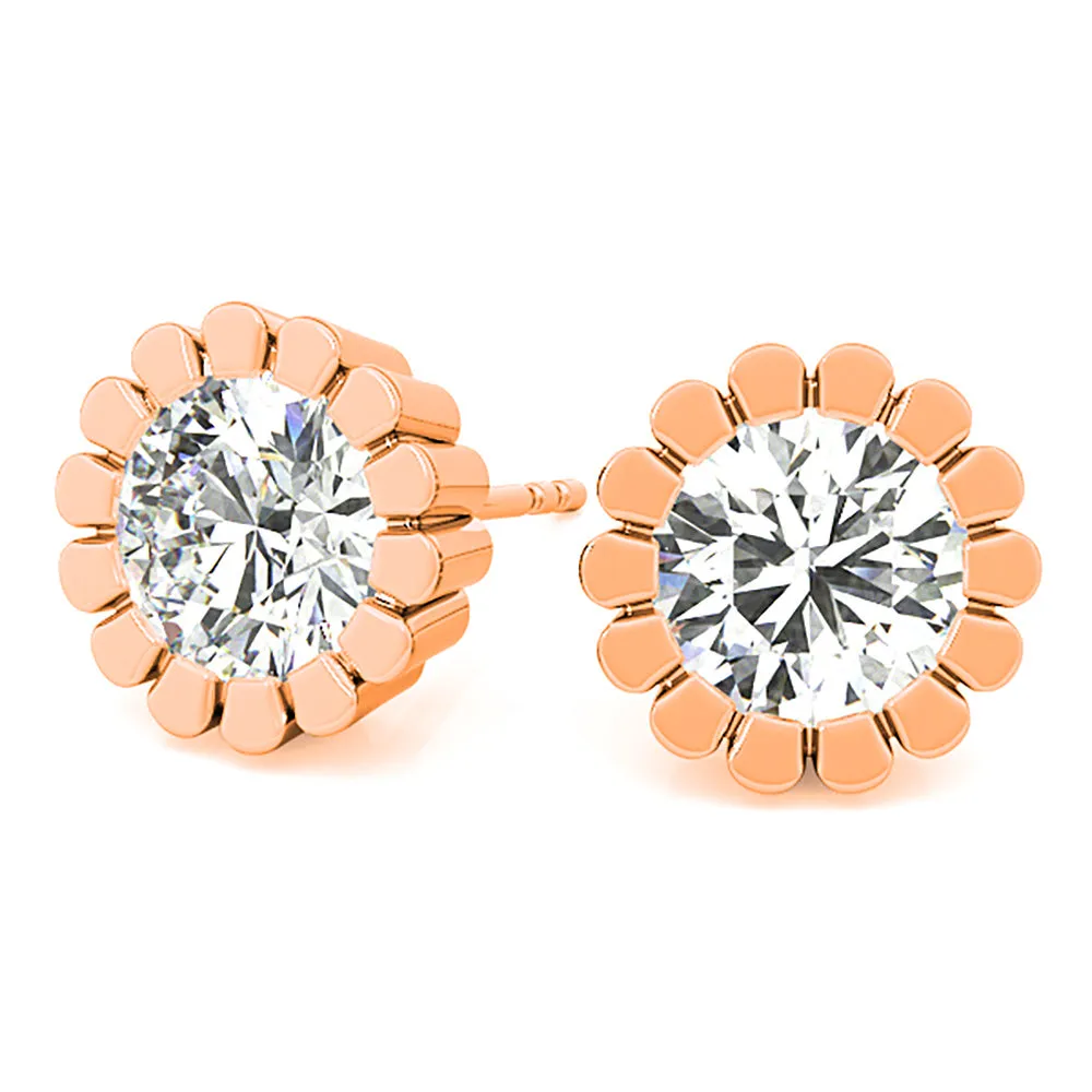 Flower Bezel Set Round Diamond Stud Earrings