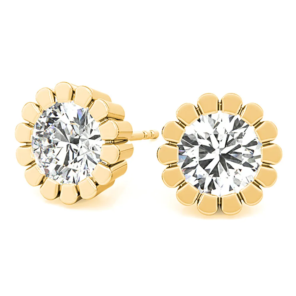 Flower Bezel Set Round Diamond Stud Earrings