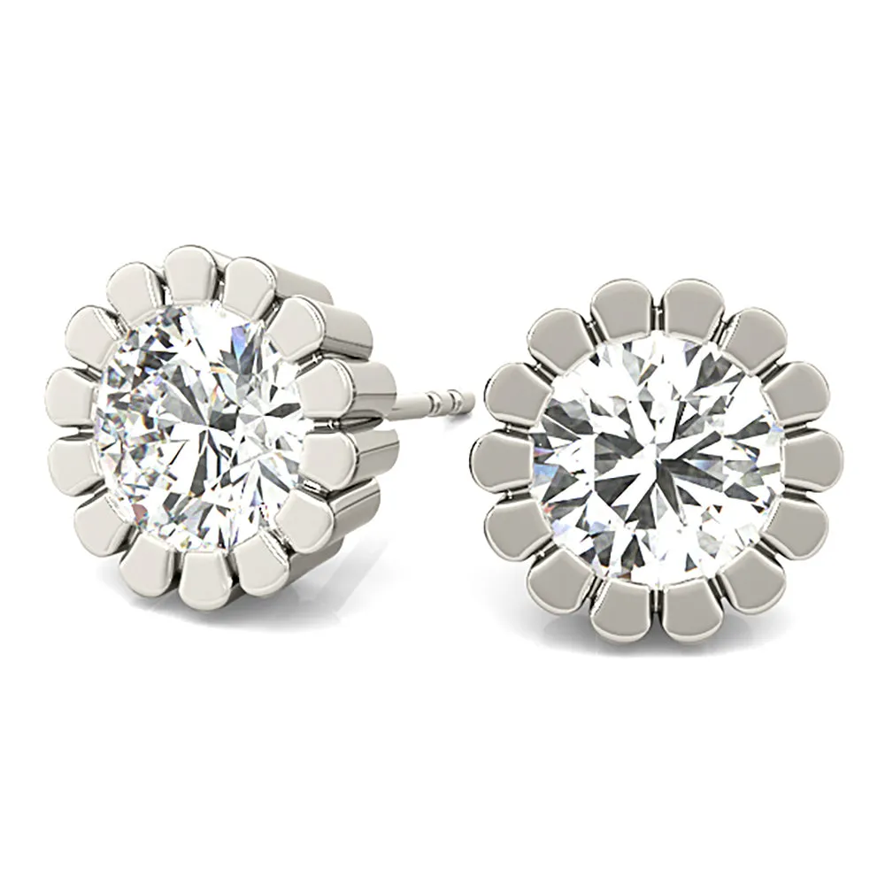 Flower Bezel Set Round Diamond Stud Earrings
