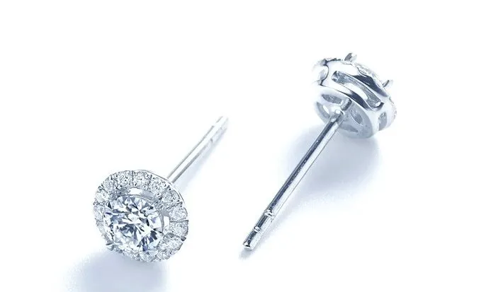 Four Prong Round Diamond Belle Dame Halo Earrings