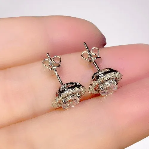 Four Prong Round Diamond Belle Dame Halo Earrings