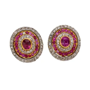 French belle Epoque ruby diamond 18k yellow gold and platinum cluster earrings