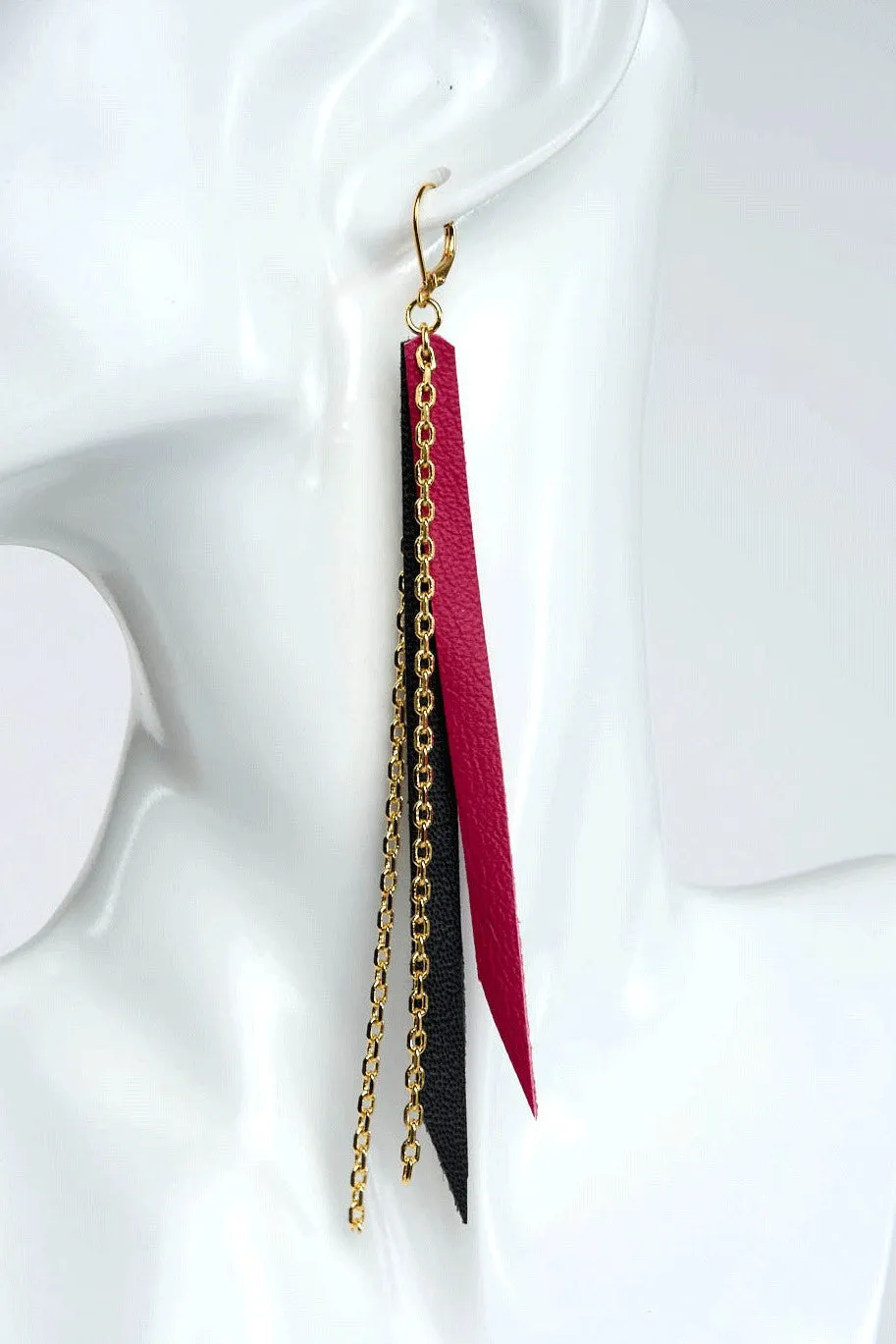 Fushia & Black Leather with Gold Chain Earrings