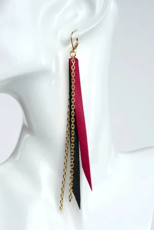 Fushia & Black Leather with Gold Chain Earrings