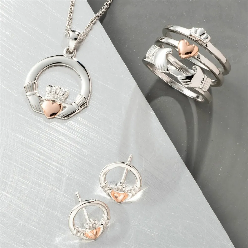 Galway Crystal Claddagh Earrings Sterling Silver & Rose Gold