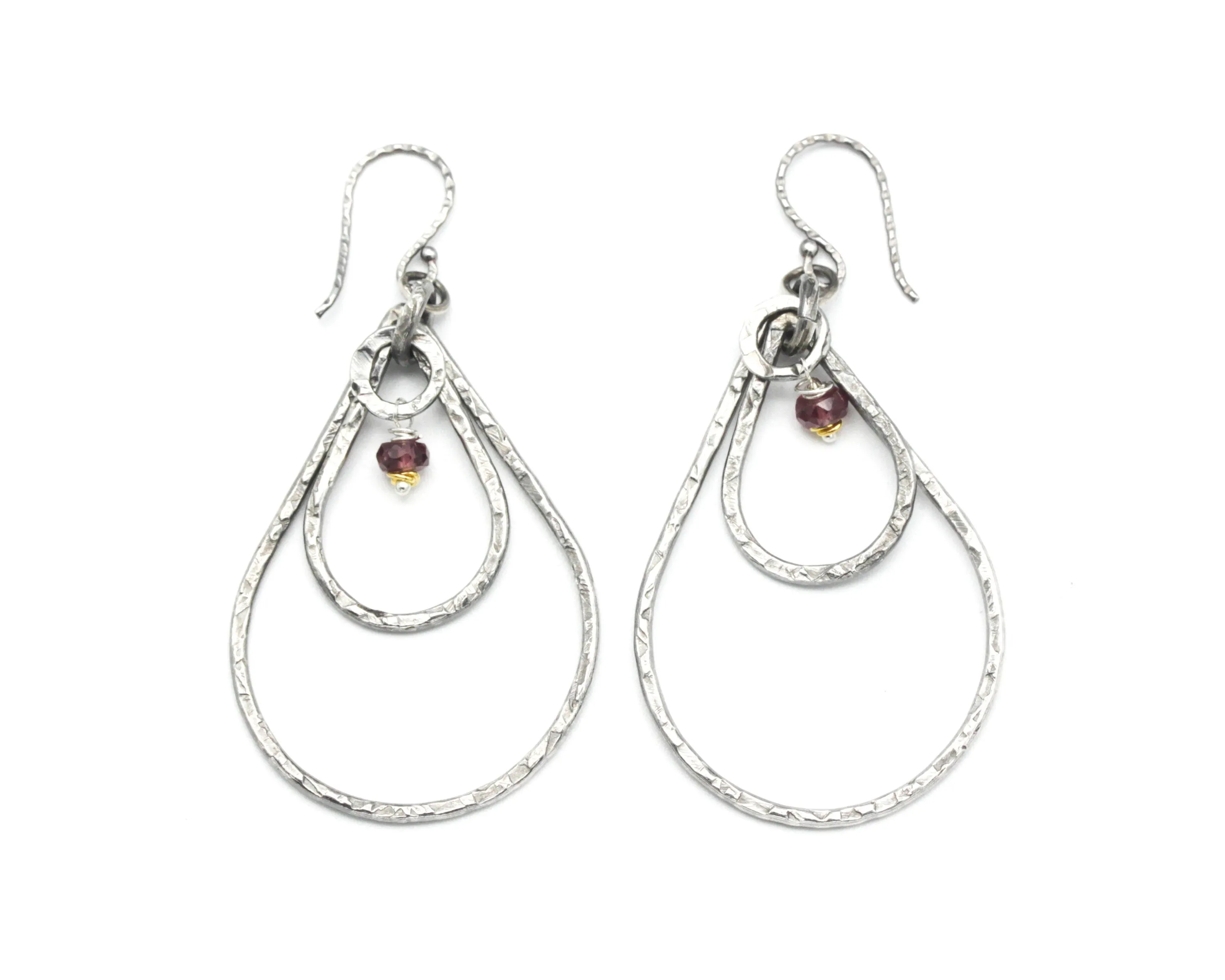 Garnet beads earrings with silver double teardrop loop and silver circle on silver hooks style