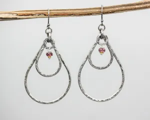 Garnet beads earrings with silver double teardrop loop and silver circle on silver hooks style