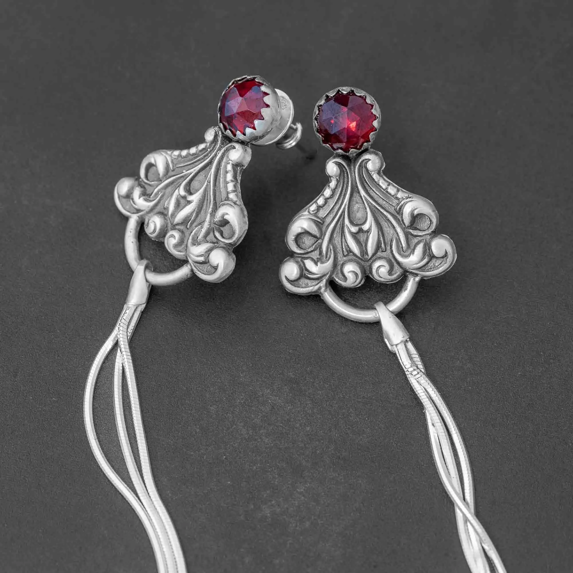 Garnet Gothic Shoulder Duster Statement Earrings in Sterling Silver