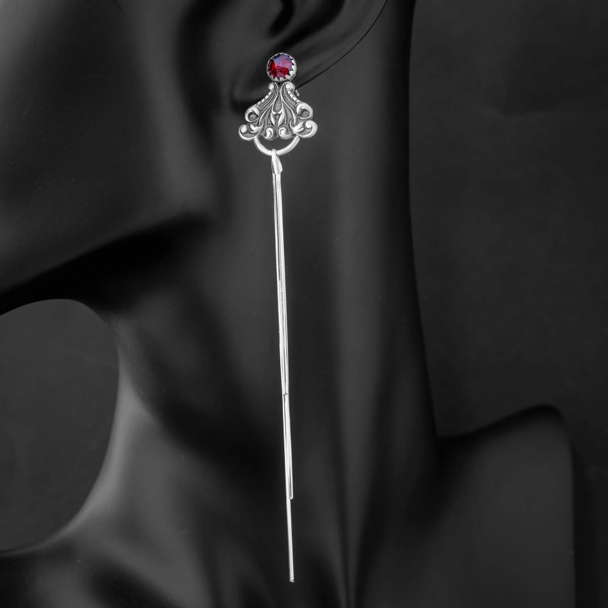 Garnet Gothic Shoulder Duster Statement Earrings in Sterling Silver