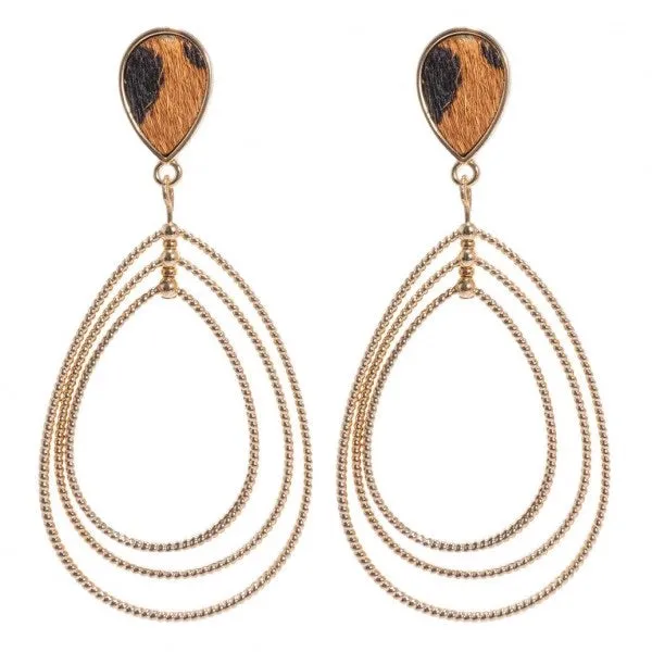 Genuine Leather Leopard Print Statement Teardrop Earrings in Gold