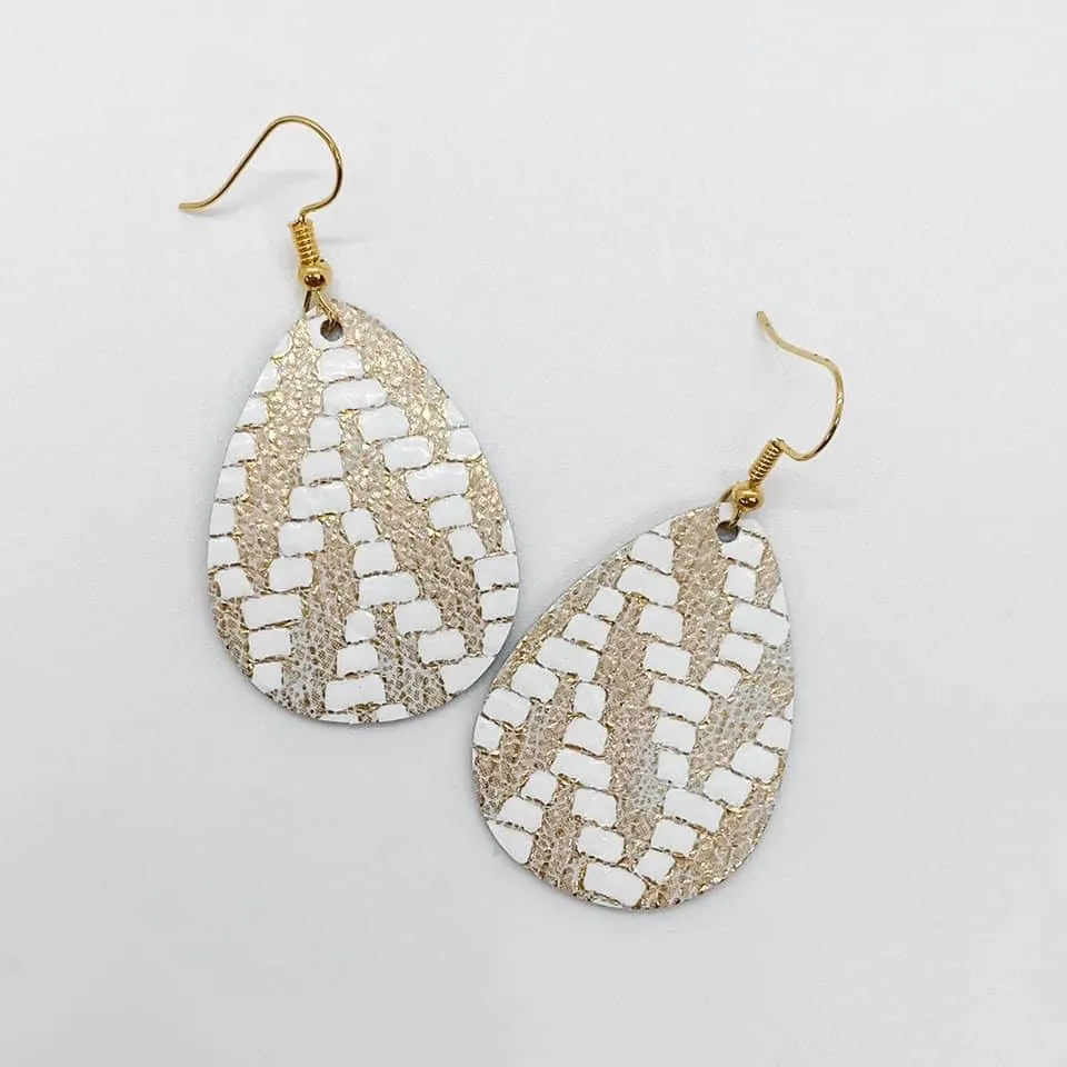 Gold & White Chevron Teardrop Earrings