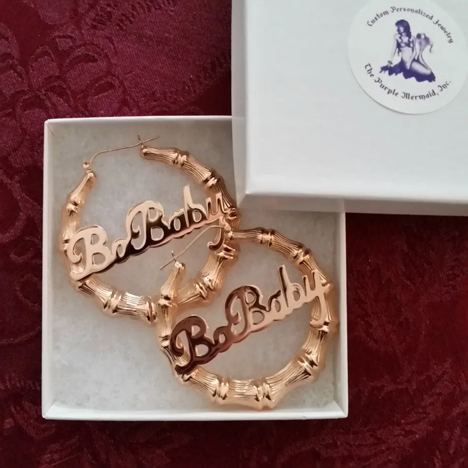 Gold Bamboo Name Hoop Earrings