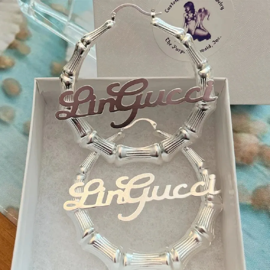 Gold Bamboo Name Hoop Earrings