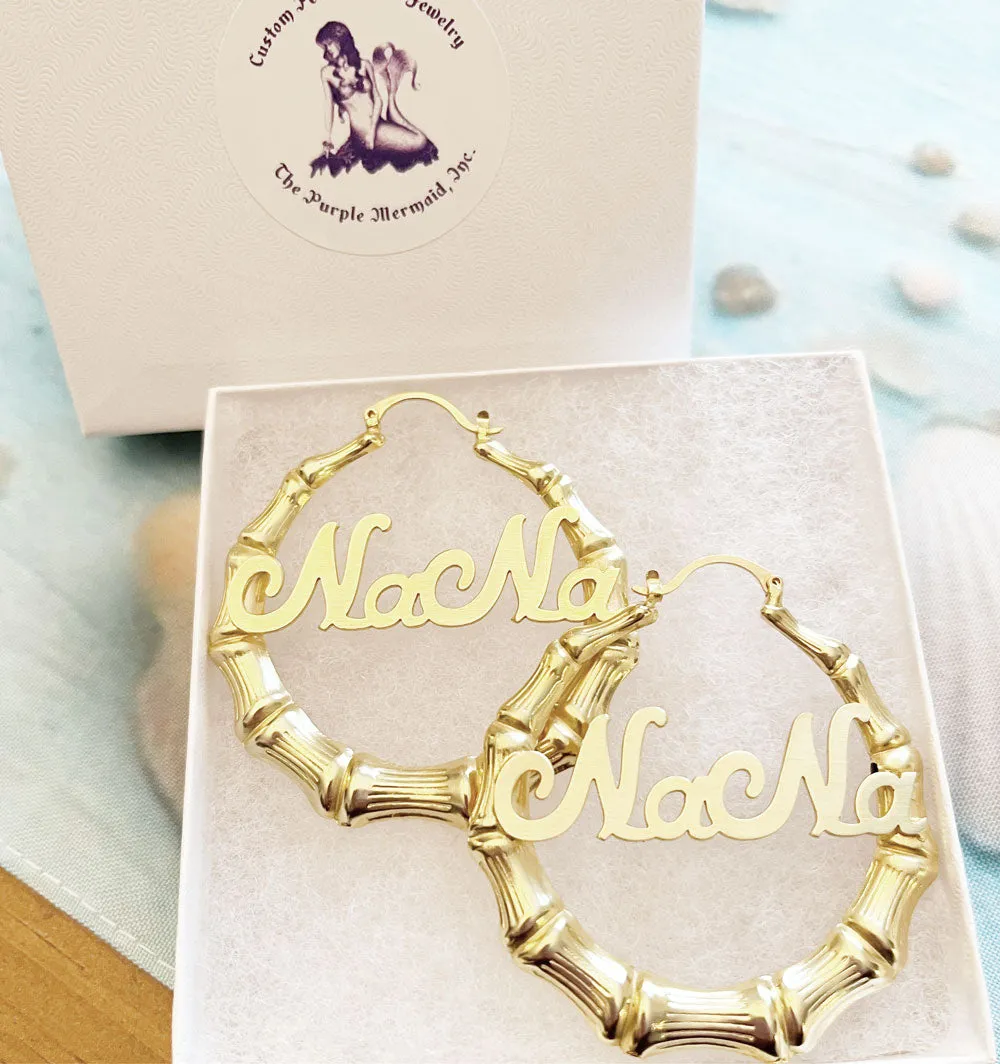 Gold Bamboo Name Hoop Earrings