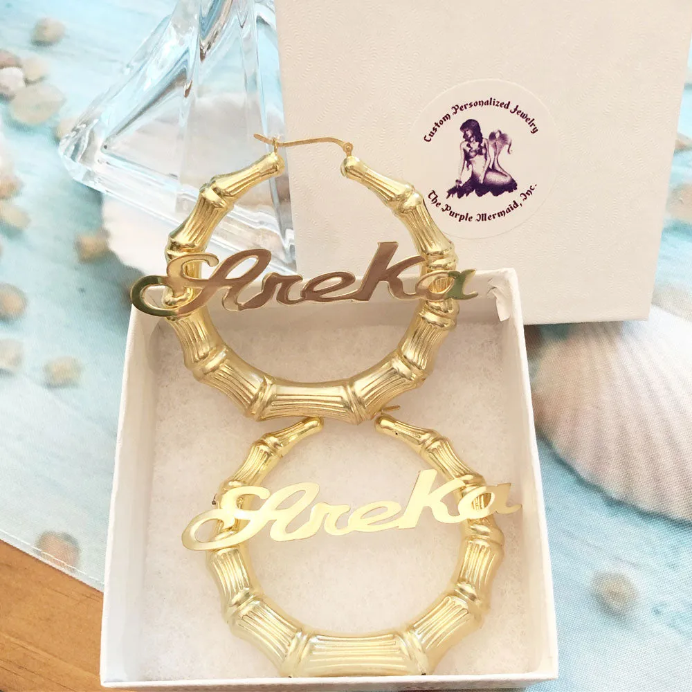 Gold Bamboo Name Hoop Earrings