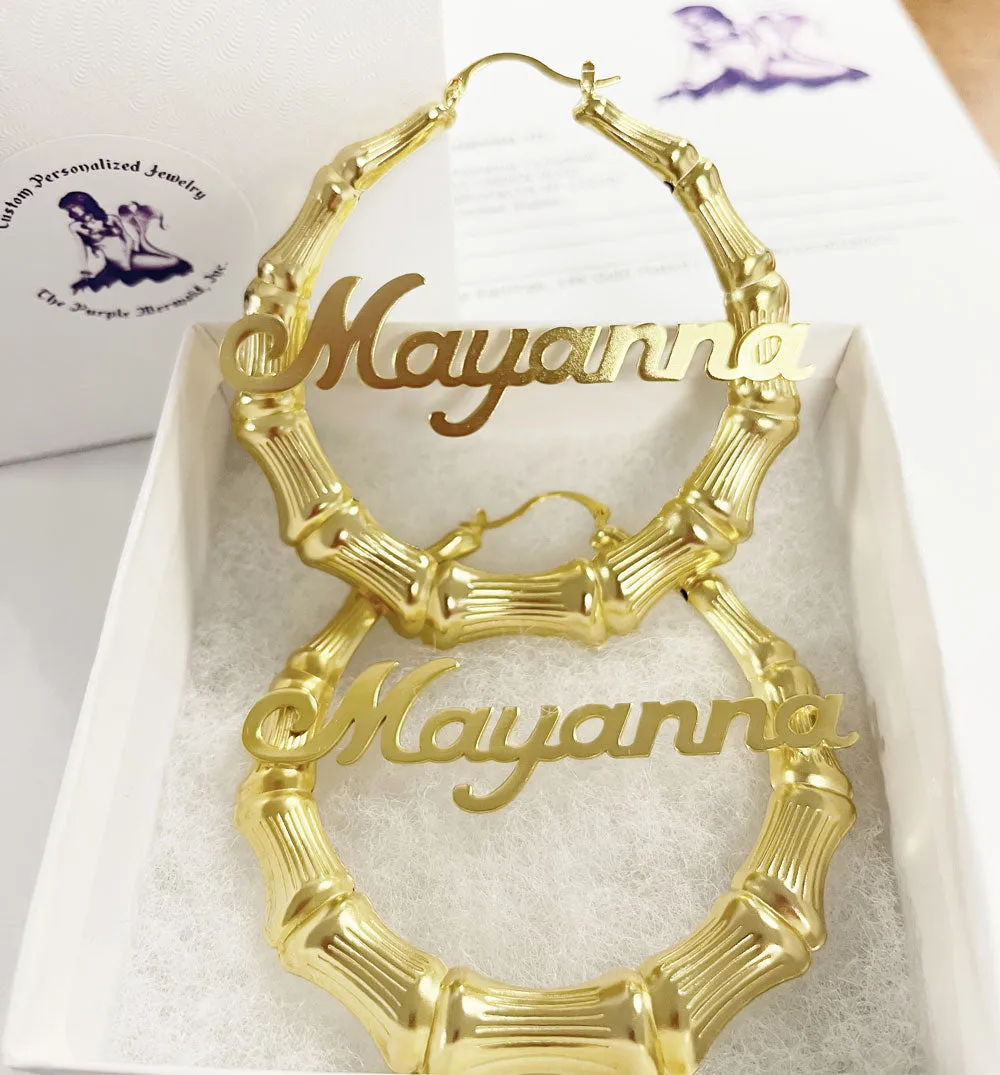Gold Bamboo Name Hoop Earrings
