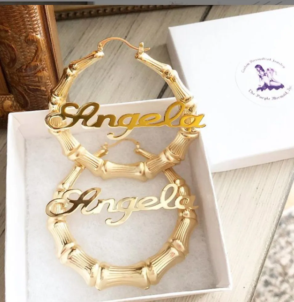 Gold Bamboo Name Hoop Earrings