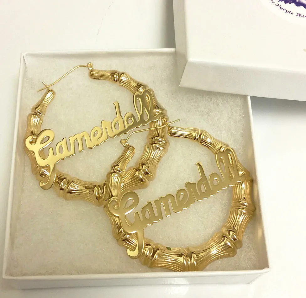 Gold Bamboo Name Hoop Earrings