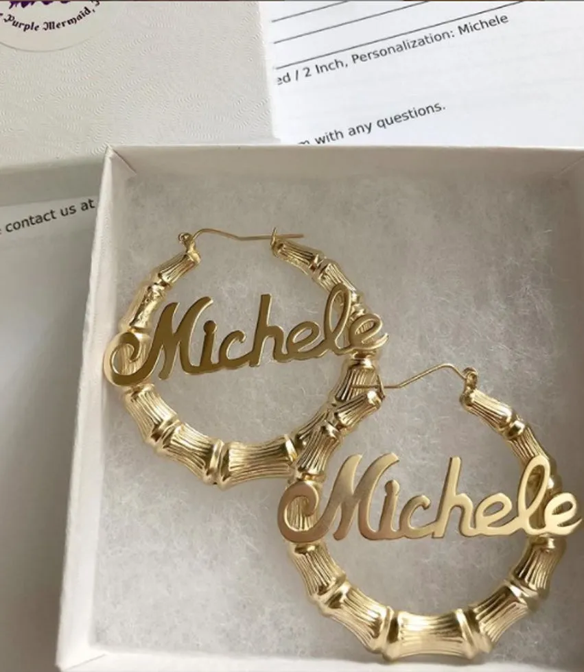 Gold Bamboo Name Hoop Earrings