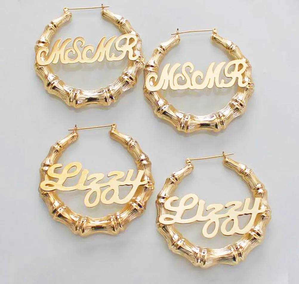 Gold Bamboo Name Hoop Earrings