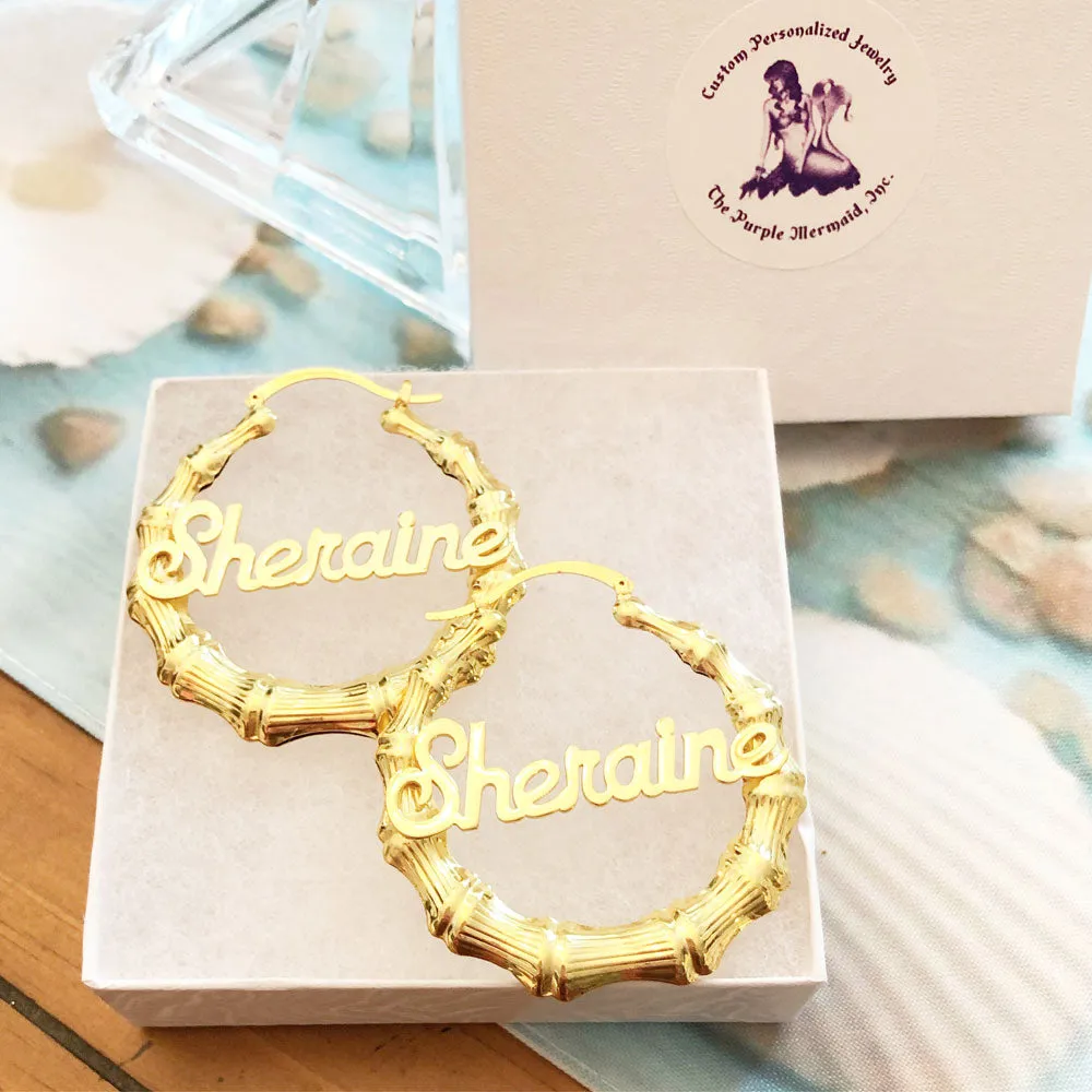 Gold Bamboo Name Hoop Earrings