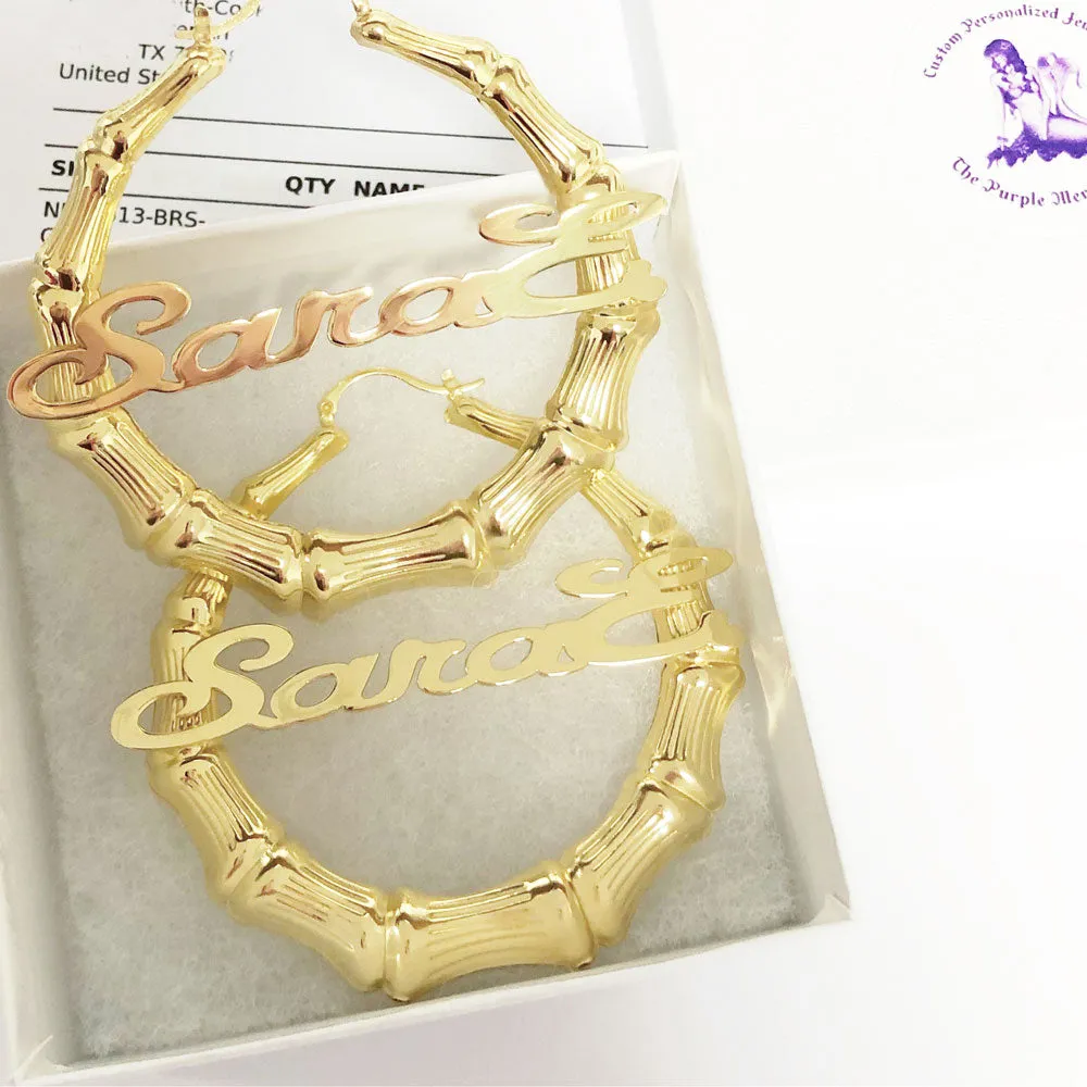 Gold Bamboo Name Hoop Earrings