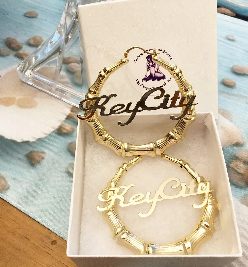 Gold Bamboo Name Hoop Earrings