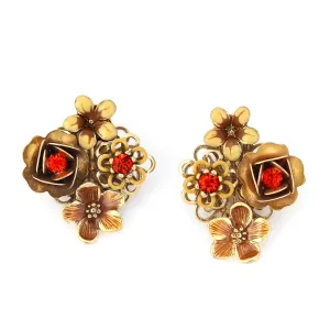 GOLD CREAM FLOWER CRYSTAL CLIP ON EARRINGS #216OR3601 (1C9/1A14)