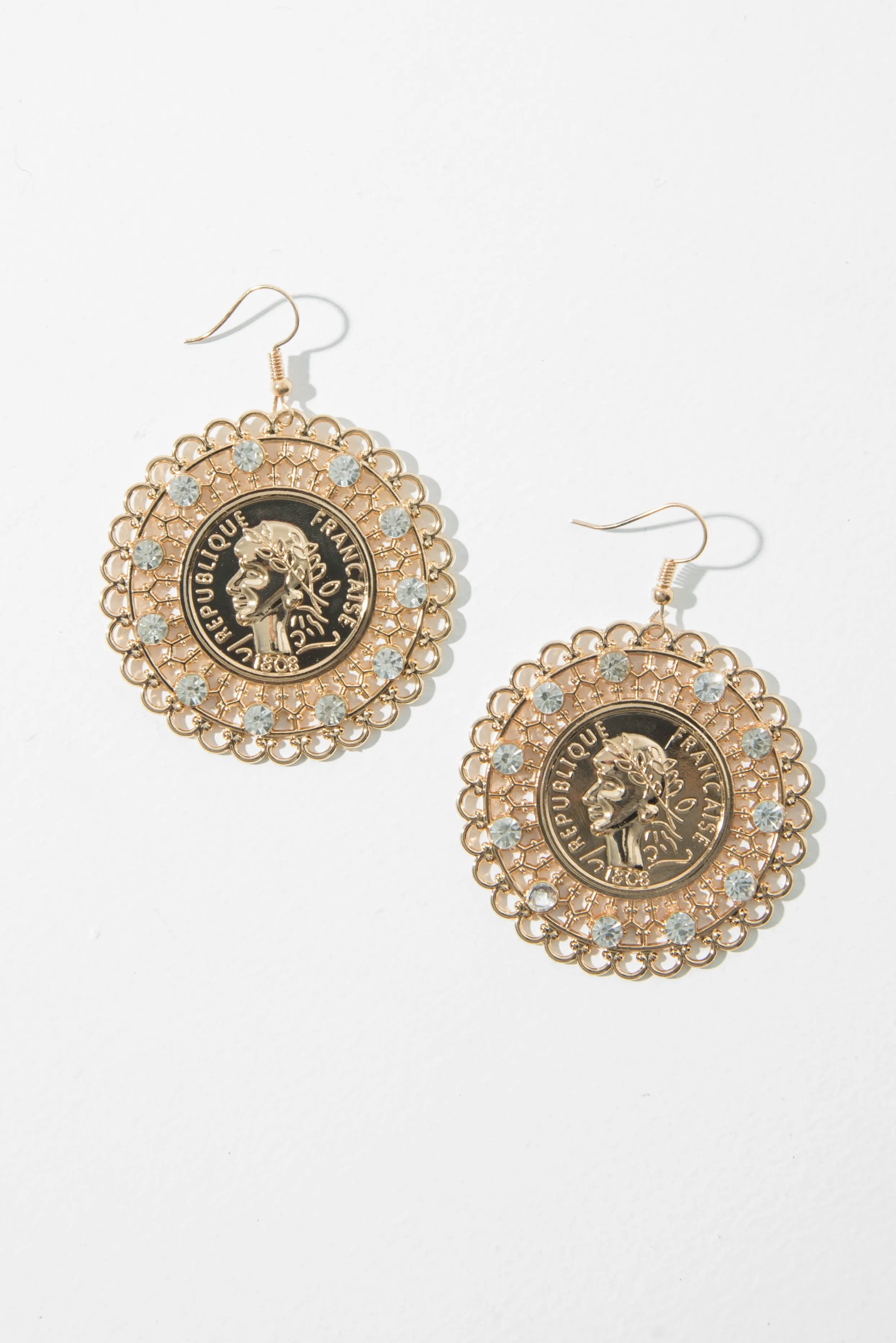 Gold Diamante Filigree Emblem Earrings - Juliyana