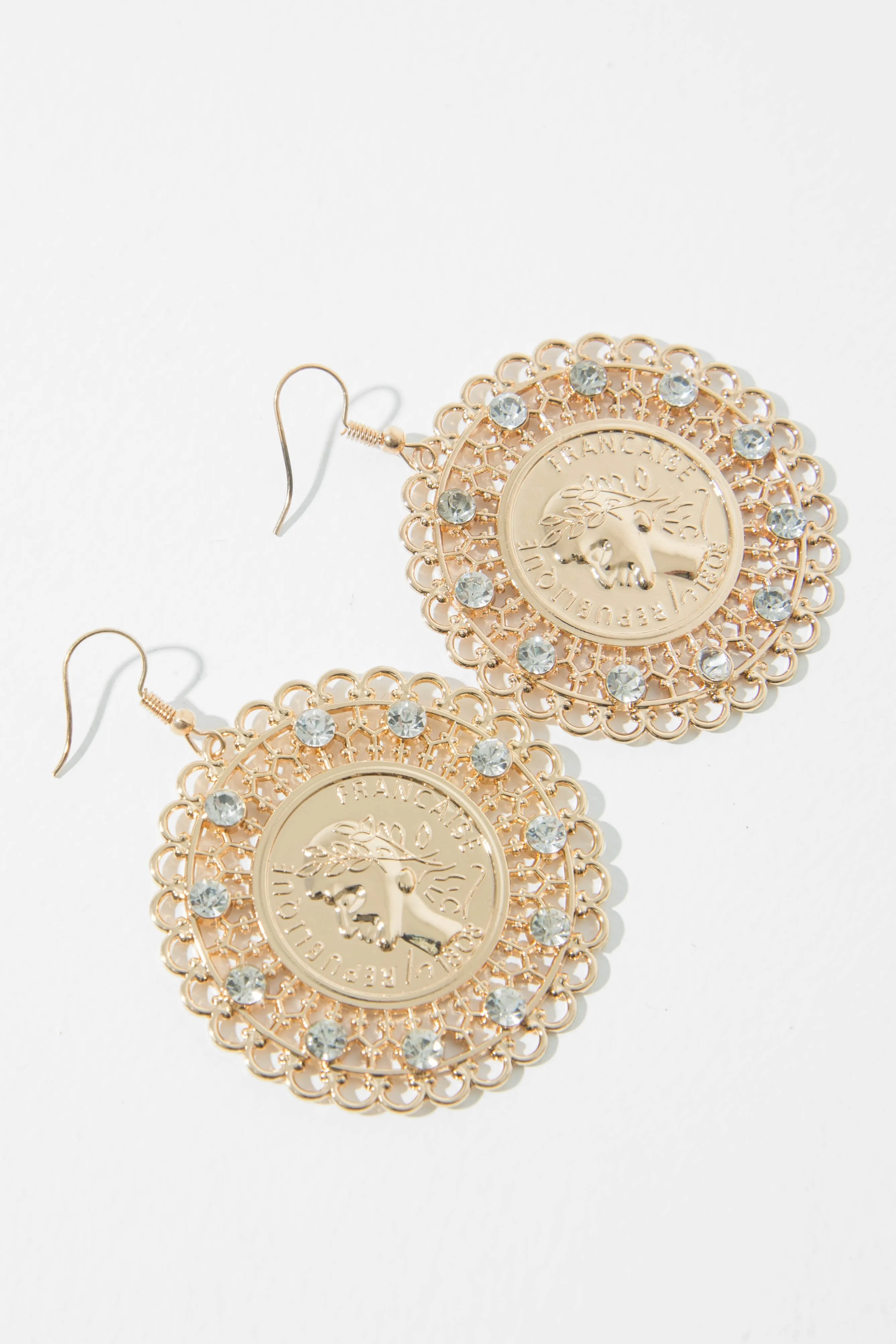 Gold Diamante Filigree Emblem Earrings - Juliyana