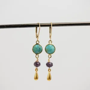 Gold Earrings with Round Turquoise and Ruby