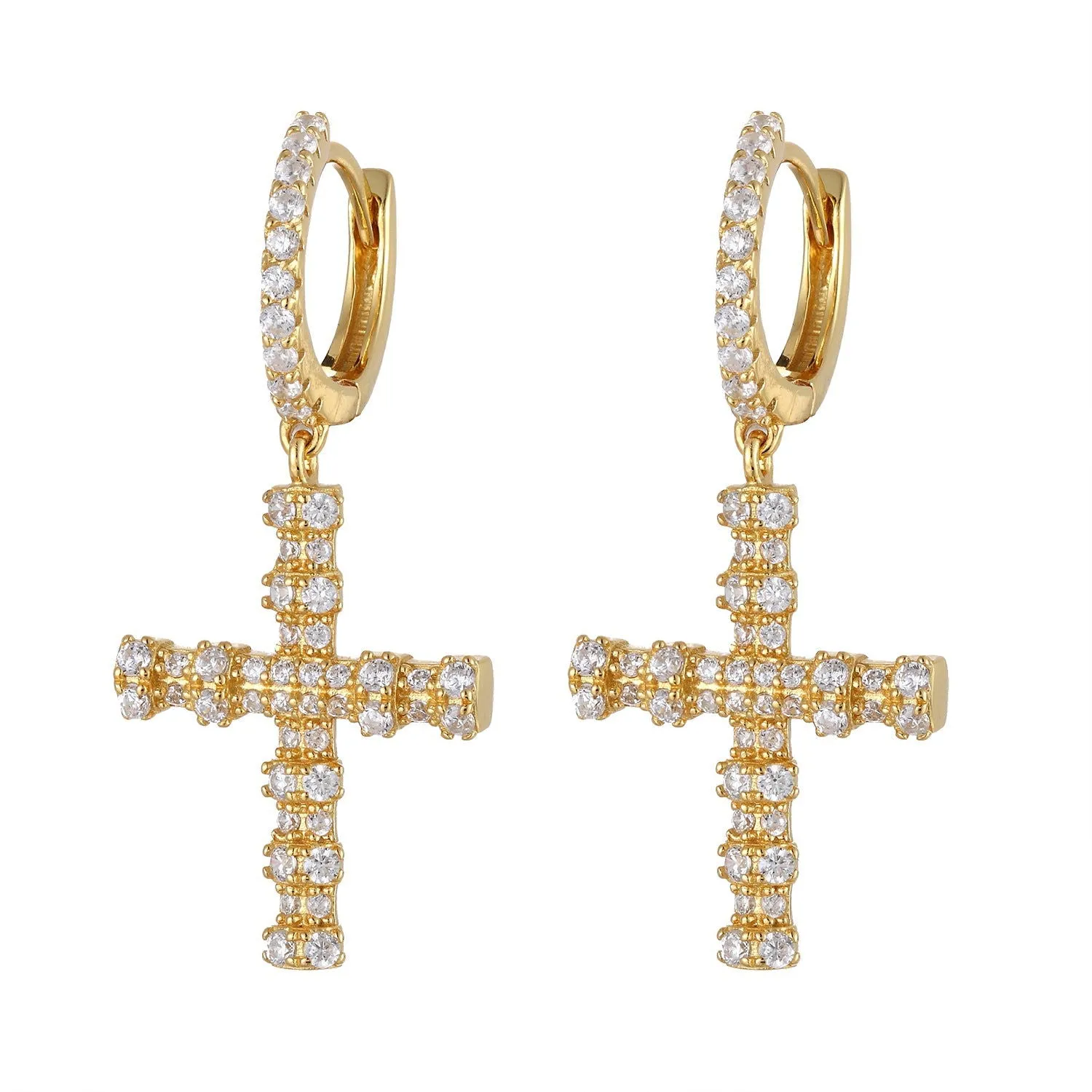 Gold Finish Cross Dangling Custom Designer Silver Hoops