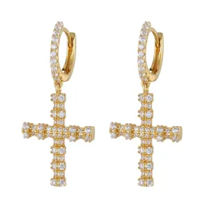 Gold Finish Cross Dangling Custom Designer Silver Hoops
