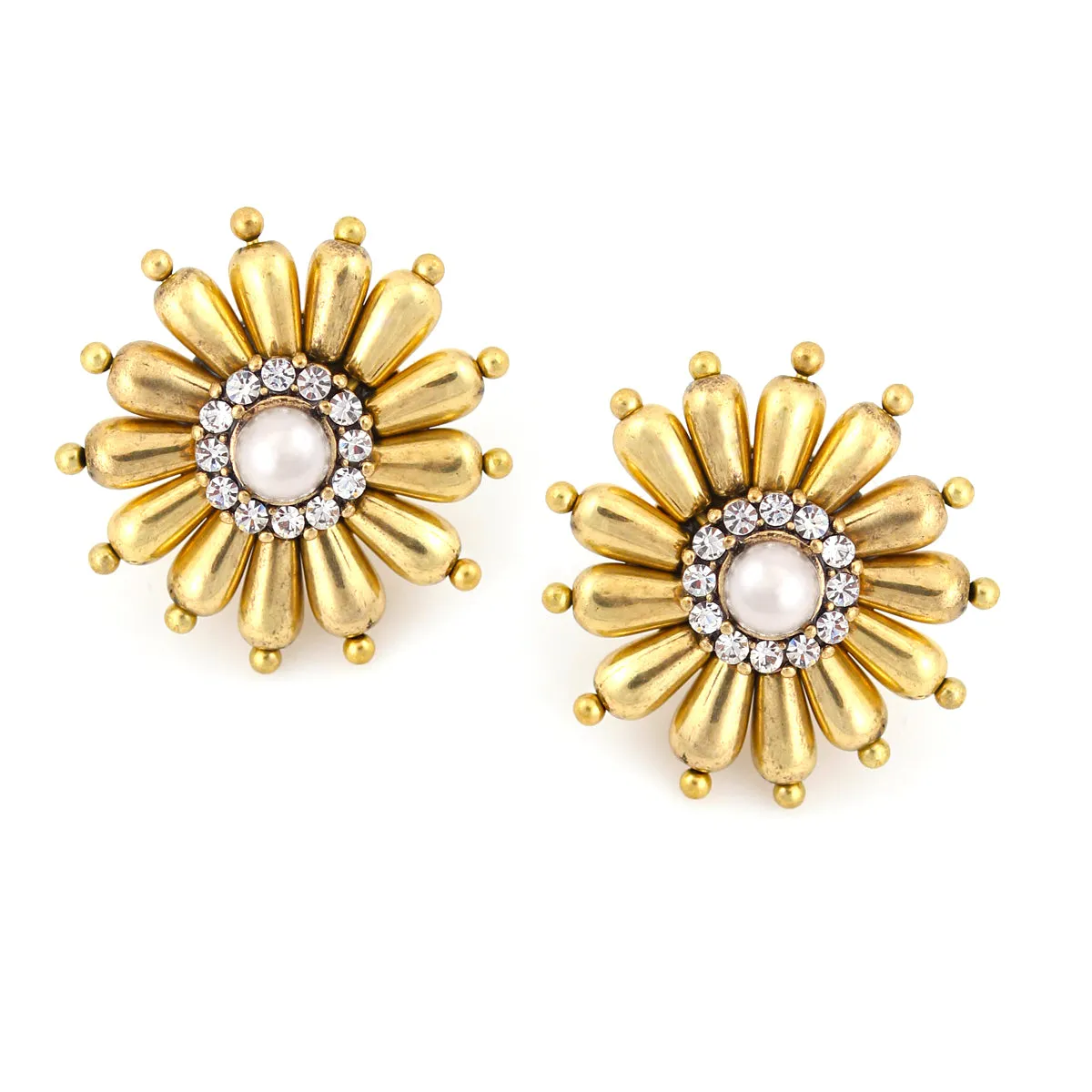 GOLD FLOWER CREAM PEARL CRYSTAL  EARRINGS #242BR3101 (1D16/1C1)